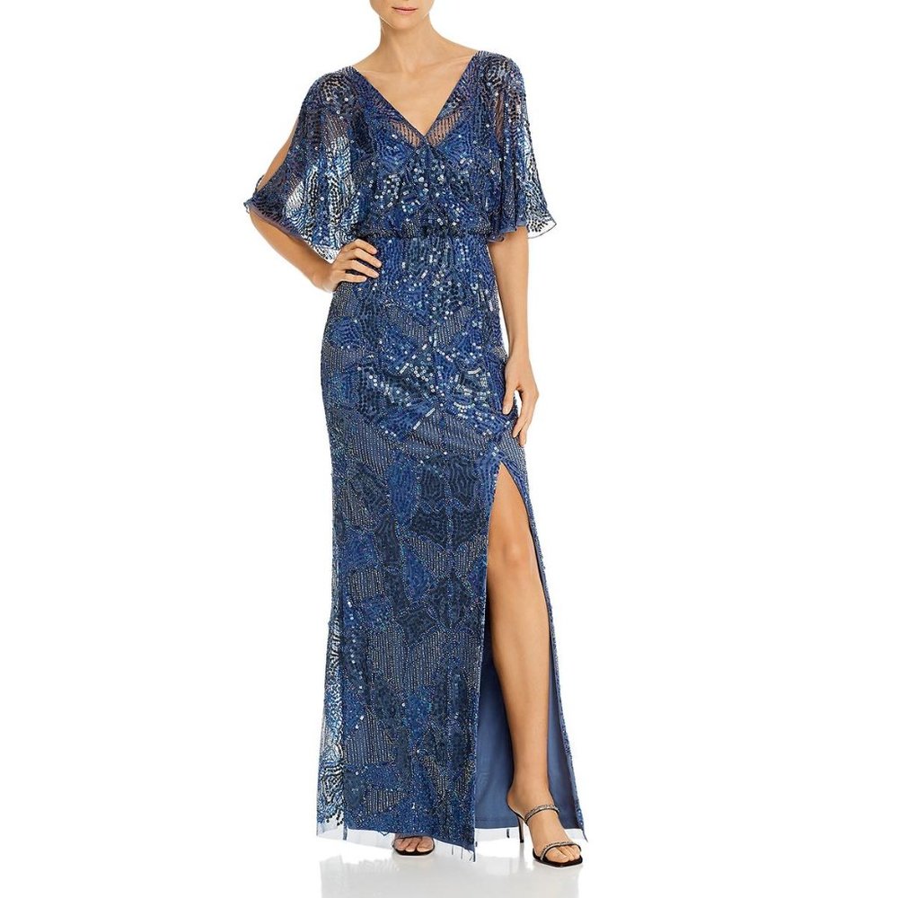 AIDAN MATTOX Embellished Wrap Blouson Gown Blue Grey Size 6